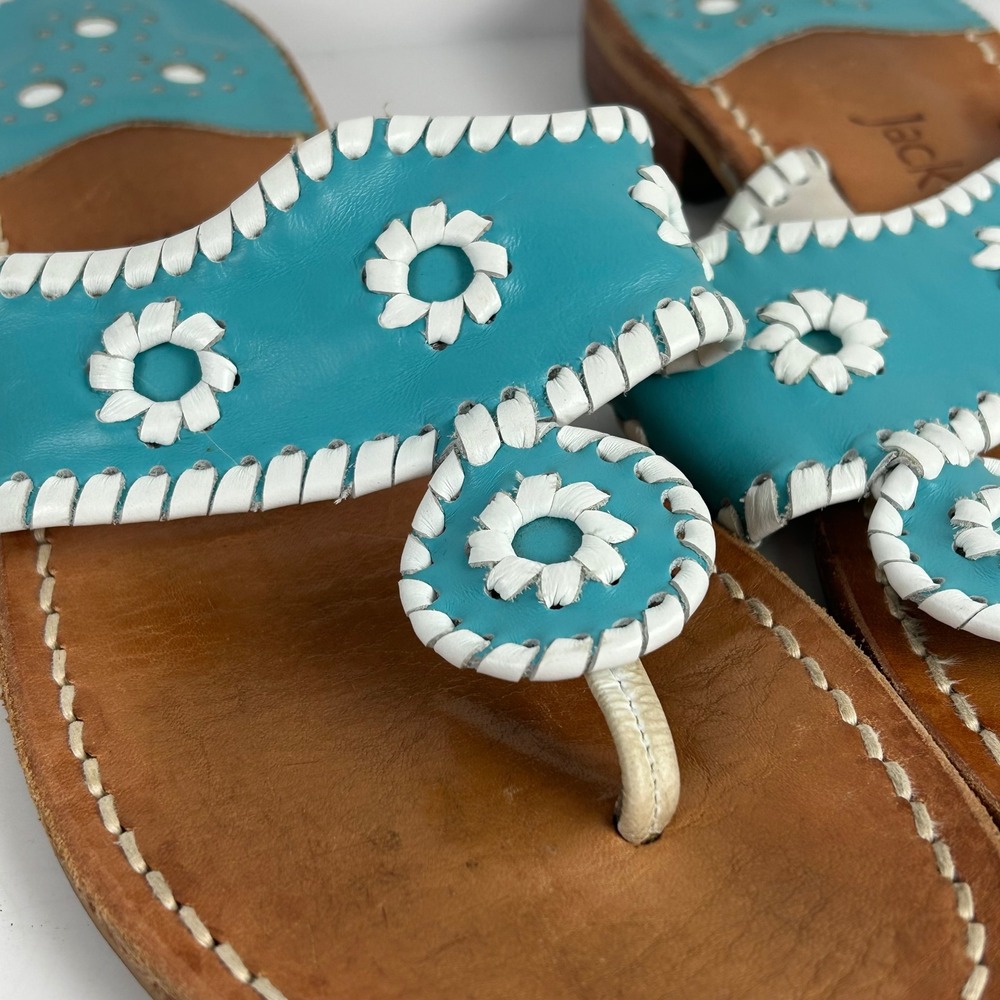 Jack Rogers Original Jack Flat Sandals Turquoise Leather Whipstitch Rondelle 9 M - Picture 5 of 7